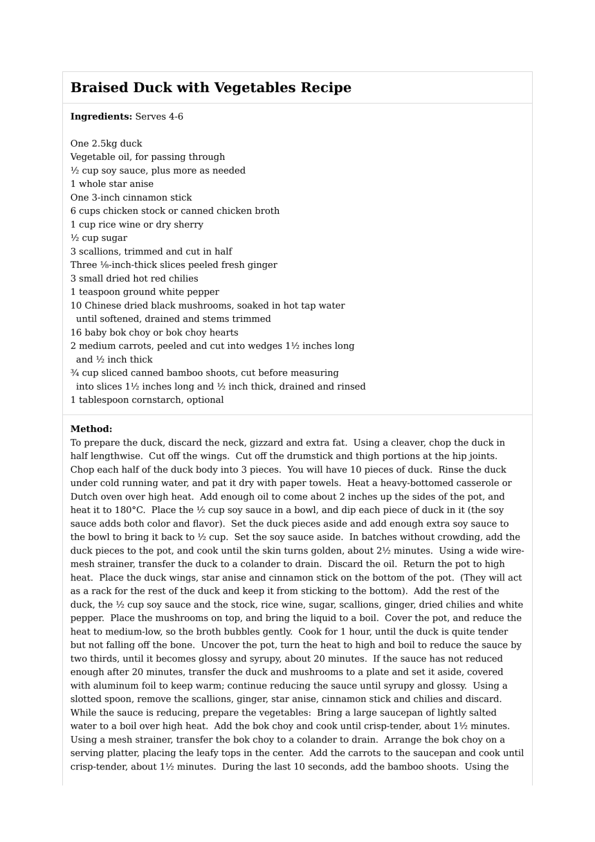 Braised Duck with Vegetables Recipe