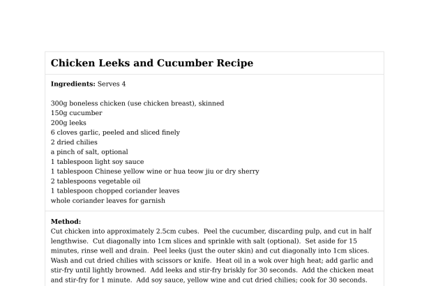 Chicken Leeks and Cucumber Recipe