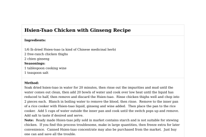 Hsien-Tsao Chicken with Ginseng Recipe