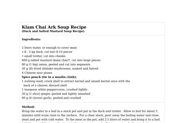 Kiam Chai Ark Soup Recipe