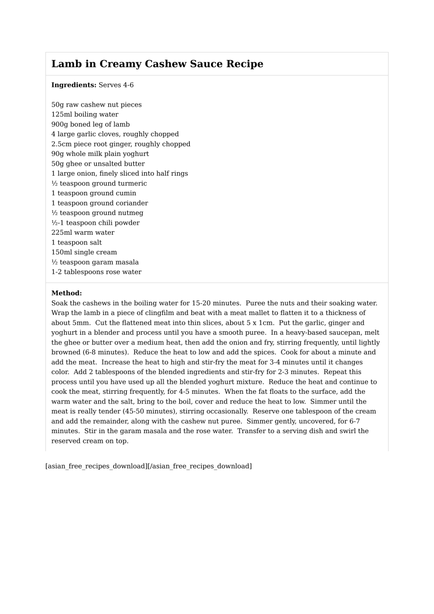 Lamb in Creamy Cashew Sauce Recipe