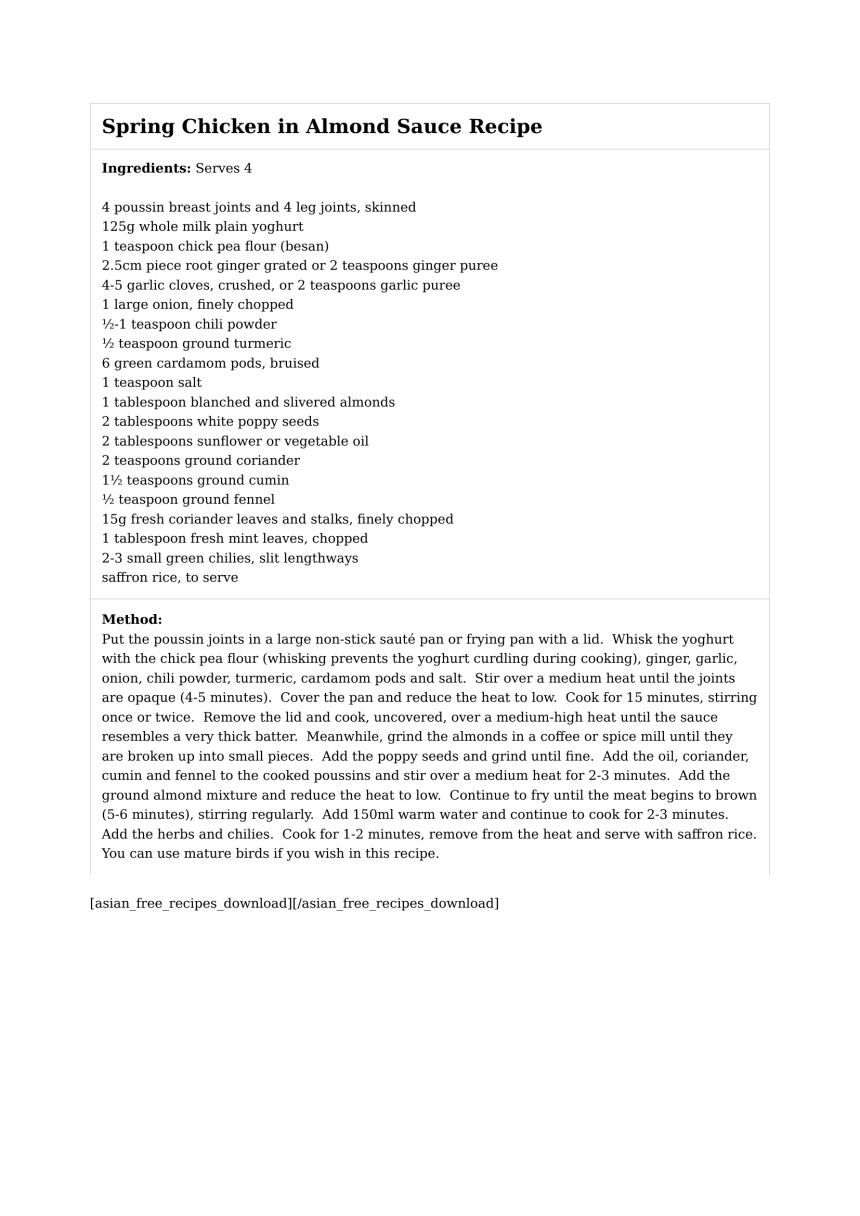 Spring Chicken in Almond Sauce Recipe