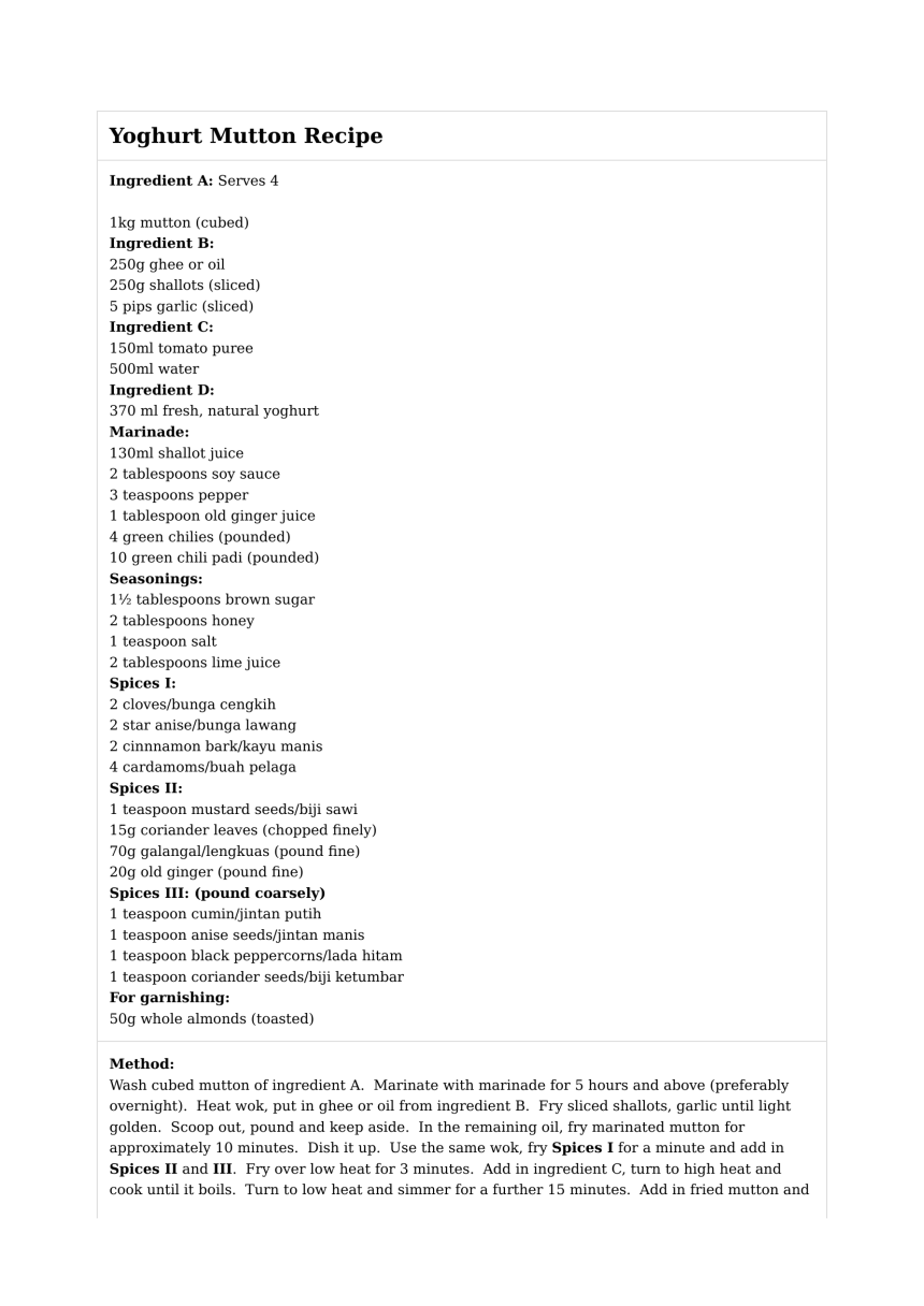 Yoghurt Mutton Recipe